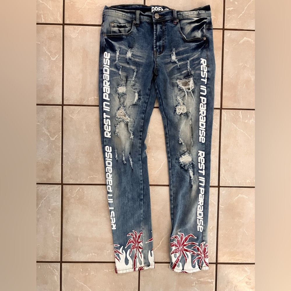 PREME Men Distressed Jeans Rest In Paradise 32/32